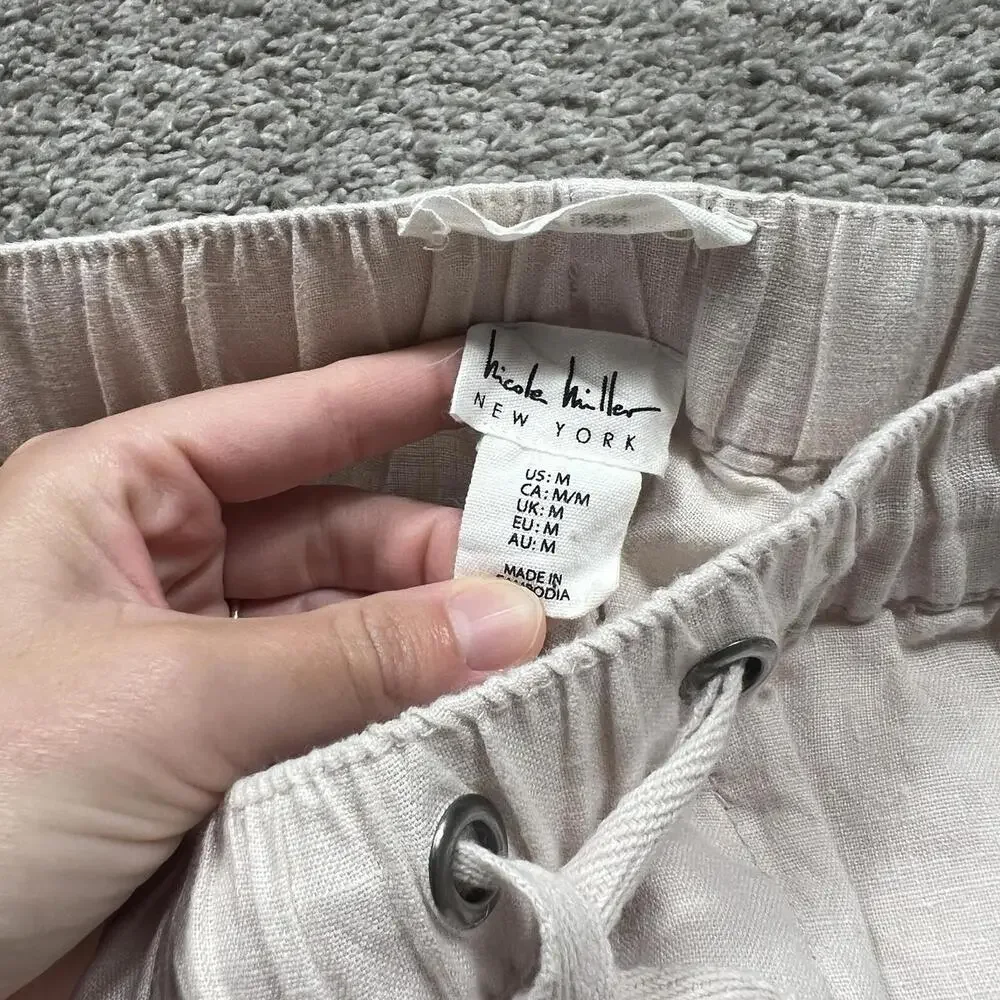 Nicole Miller 100% Linen Cargo Pants Utility Joggers Beige Lagenlook Medium - Picture 4 of 10